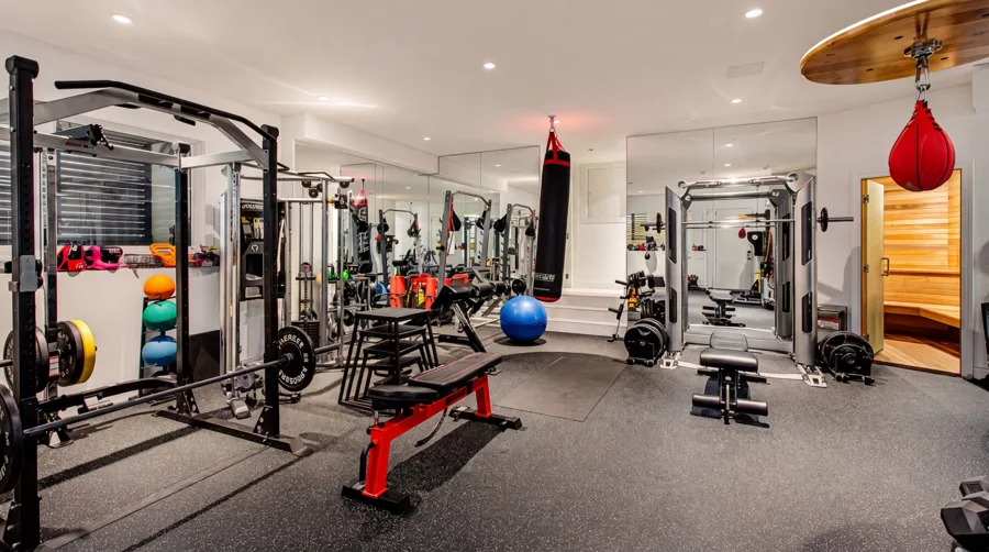 Home gym with racks, machines, free weights, a heavy bag and the sauna door